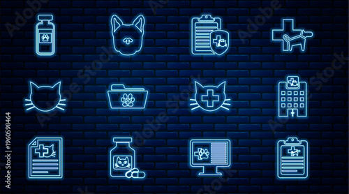 Set line Clinical record pet, Veterinary medicine hospital, Medical veterinary folder, Cat, Pets vial medical, clinic and Dog icon. Vector