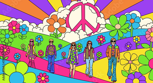 Retro Hippie Group Walking in Psychedelic Landscape with Peace Sign