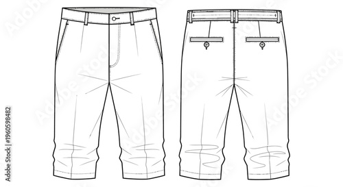 Men's Shorts Fashion Flat Sketch: Front and Back View Technical Drawing