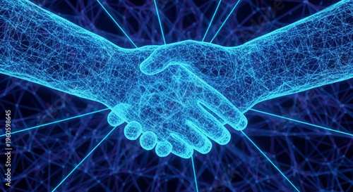 Futuristic handshake: digital network connection, global business partnership, technology agreement