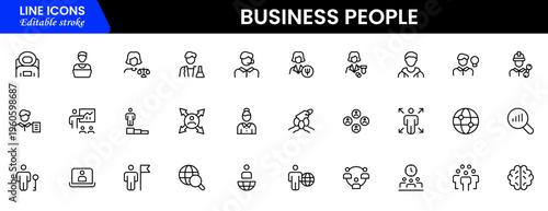 Business people line icons set. Businessman outline icons collection. Teamwork, human resources, meeting, partnership, meeting, work group, success, resume 