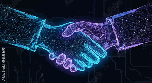 Futuristic handshake, digital network, technology partnership, blue and purple glowing.