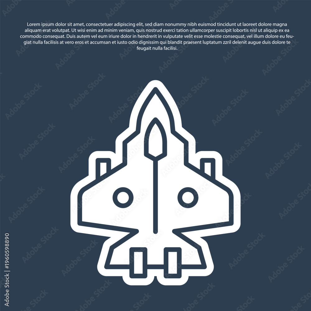 Obraz premium Blue line Jet fighter icon isolated on blue background. Military aircraft. Vector