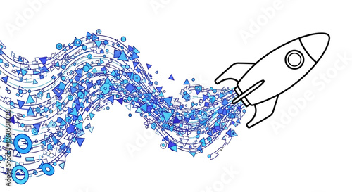 Rocket Launching into Abstract Blue Particles Trail, Representing Innovation and Speed