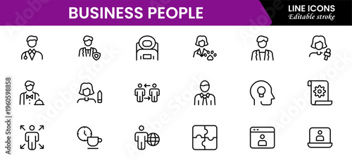 Business people line icons set. Businessman outline icons collection. Teamwork, human resources, meeting, partnership, meeting, work group, success, resume 