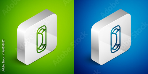 Isometric line Burrito icon isolated on green and blue background. Traditional mexican fast food. Silver square button. Vector