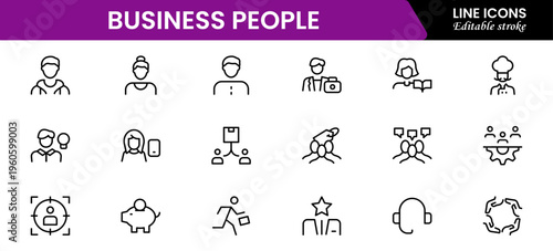 Business people line icons set. Businessman outline icons collection. Teamwork, human resources, meeting, partnership, meeting, work group, success, resume 
