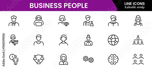 Business people line icons set. Businessman outline icons collection. Teamwork, human resources, meeting, partnership, meeting, work group, success, resume 