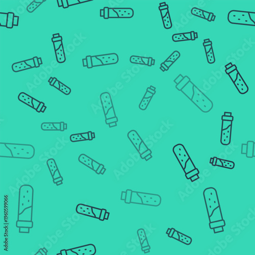 Black line Bottle with potion icon isolated seamless pattern on green background. Flask with magic potion. Happy Halloween party. Vector