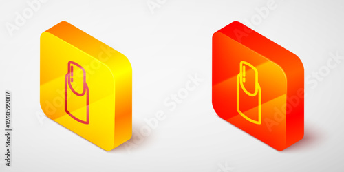 Isometric line Nail manicure icon isolated on grey background. Yellow and orange square button. Vector