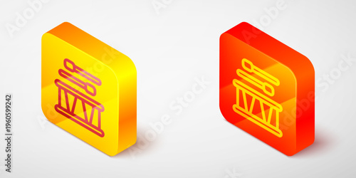 Isometric line Drum with drum sticks icon isolated on grey background. Music sign. Musical instrument symbol. Yellow and orange square button. Vector