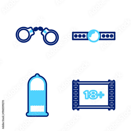 Set line Play Video with 18 plus, Condom safe sex, Silicone ball gag and Handcuffs icon. Vector