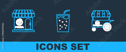 Set line Fast street food cart, Pizzeria building facade and Glass with water icon. Vector