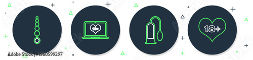 Set line Laptop with 18 plus content, Penis pump, Anal beads and heart icon. Vector
