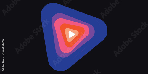 Abstract layered play button icon with vibrant colors on a dark background, symbolizing multimedia and digital content.