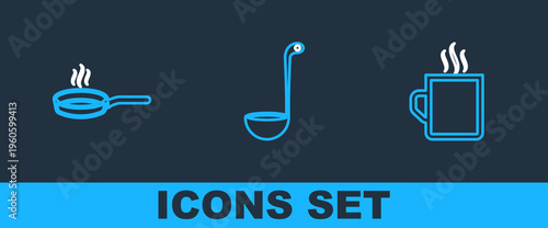 Set line Coffee cup, Frying pan and Kitchen ladle icon. Vector