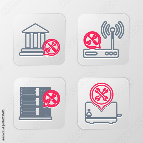 Set line Toaster service, Database server, Router wi-fi and Bank building icon. Vector