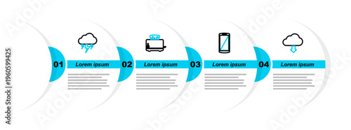 Set line Cloud download, Smartphone, mobile phone, Toaster with toasts and Storm icon. Vector