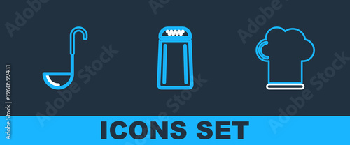 Set line Chef hat, Kitchen ladle and Salt and pepper icon. Vector