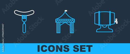 Set line Wooden barrel on rack, Sausage the fork and Camping tent icon. Vector