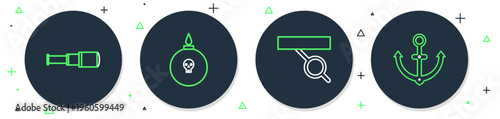 Set line Bomb ready to explode, Pirate eye patch, Spyglass telescope lens and Anchor icon. Vector