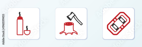 Set line Rafting boat, Thermos container and Wooden axe stump icon. Vector