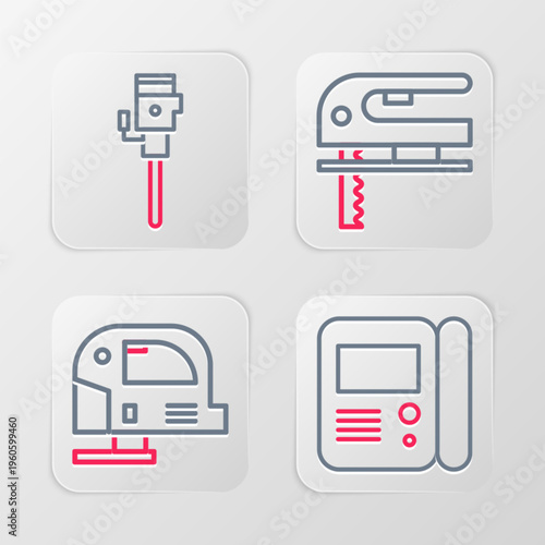 Set line House intercom system, Electric jigsaw, and Construction jackhammer icon. Vector