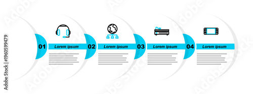 Set line Portable video game console, Video, Computer network and Headphones icon. Vector