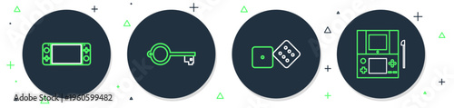 Set line Ancient key for game, Game dice, Portable video console and icon. Vector