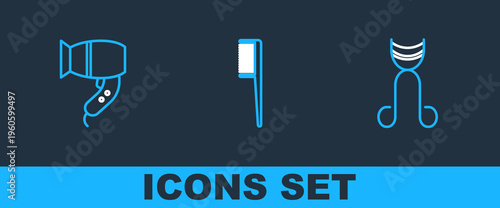Set line Eyelash curler, Hair dryer and Hairbrush icon. Vector