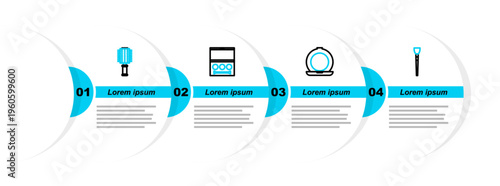 Set line Makeup brush, powder with mirror, Eye shadow palette and Hairbrush icon. Vector