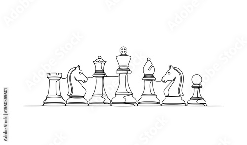 Continuous one line drawing chess pieces set strategy vector illustration