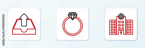 Set line Medical hospital building, Upload inbox and Diamond engagement ring icon. Vector