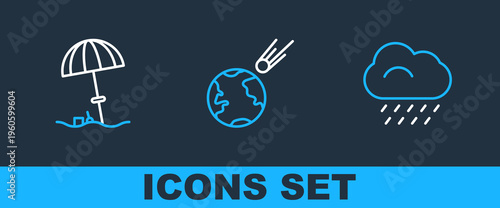 Set line Cloud with rain, Sun protective umbrella for beach and Comet falling down fast icon. Vector