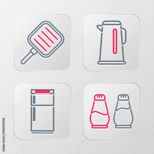 Set line Salt and pepper, Refrigerator, Kettle with handle and Frying pan icon. Vector