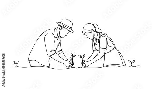 Continuous one line drawing farmer couple planting seedlings agriculture vector illustration