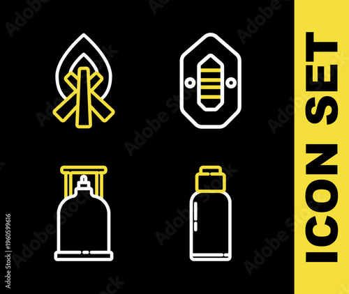 Set line Rafting boat, Canteen water bottle, Camping gas stove and Campfire icon. Vector