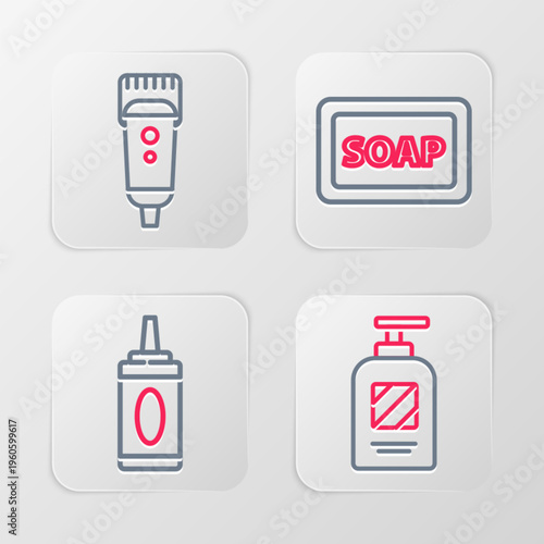 Set line Bottle of shampoo, Bar soap with foam and Electrical hair clipper or shaver icon. Vector