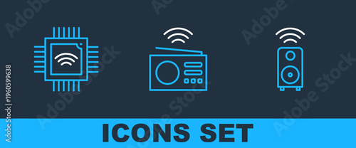 Set line Smart stereo speaker, Processor with microcircuits CPU and radio icon. Vector