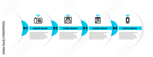 Set line Wireless smartphone, Smart washer, bathroom scales and photo camera icon. Vector