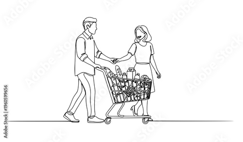 One continuous line drawing romantic couple shopping trolley lifestyle vector illustration