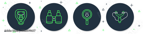 Set line Binoculars, Paw search, Bear head on shield and Slingshot icon. Vector