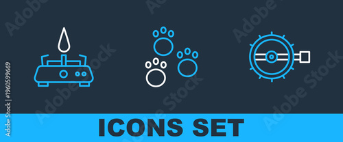 Set line Trap hunting, Camping gas stove and Paw print icon. Vector