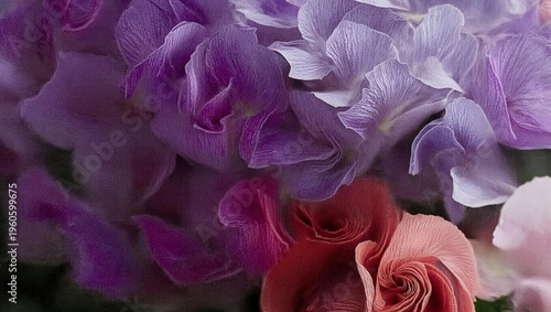 Vibrant close up of delicate lavender sweet pea blossoms contrasting beautifully with soft pink and deep red rose petals creating a rich floral background texture