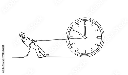 One continuous line drawing worker pulling clock rope time management concept vector illustration