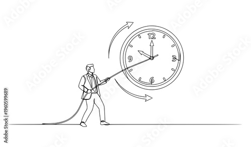 Minimal businessman controlling clock with rope time concept line art vector illustration