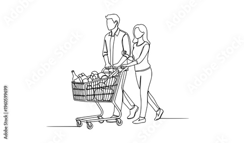 Minimal couple pushing shopping cart retail line art vector illustration