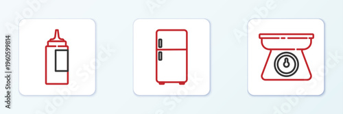 Set line Scales, Sauce bottle and Refrigerator icon. Vector