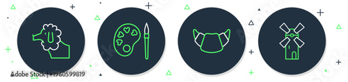 Set line Paint brush with palette, Croissant, Poodle dog and Windmill icon. Vector