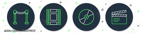 Set line Play Video, CD or DVD disk, Rope barrier and Movie clapper icon. Vector